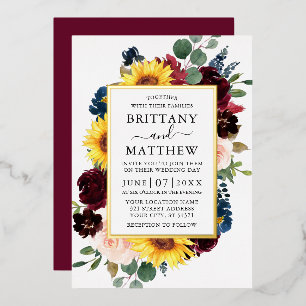 Waterverf - Floral Wedding Burgundy Gold Folie Uitnodiging