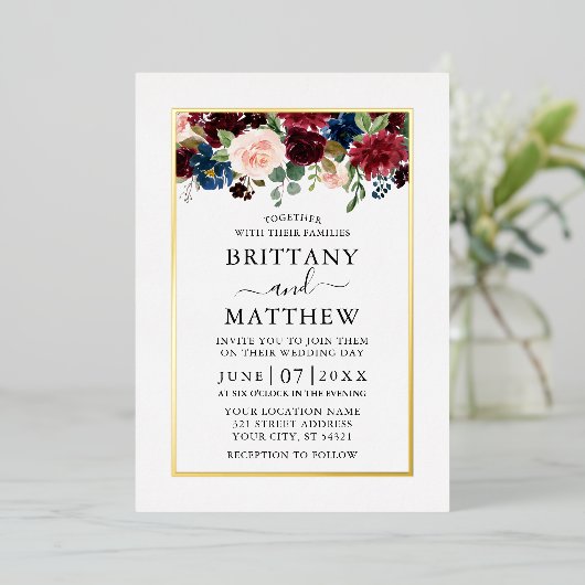 Waterverf - Floral Wedding Burgundy Gold Folie Uitnodiging (Staand Voorkant)