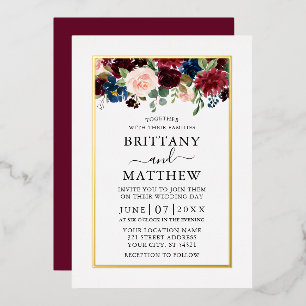 Waterverf - Floral Wedding Burgundy Gold Folie Uitnodiging