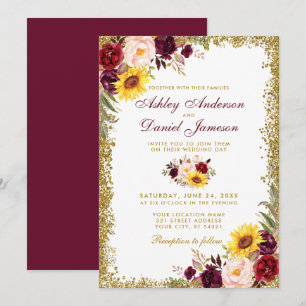 Waterverf Floral Wedding Burgundy Gold Glitter Kaart