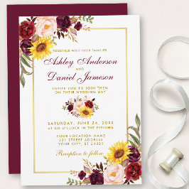 Waterverf Floral Wedding Burgundy Gold Kaart