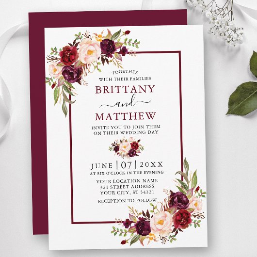Waterverf Floral Wedding Burgundy Lijst Kaart