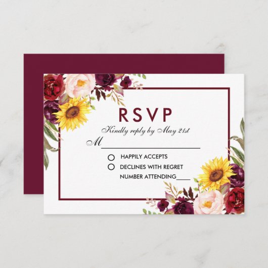 Waterverf Floral Wedding Burgundy RSVP Kaartje (Voorkant / Achterkant)