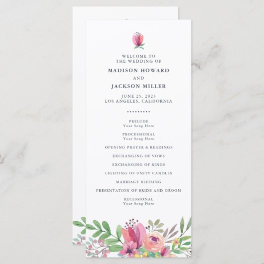 Waterverf Floral Wedding Ceremony Programmakaart (Voorkant / Achterkant)