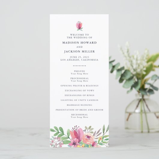 Waterverf Floral Wedding Ceremony Programmakaart (Staand voorkant)