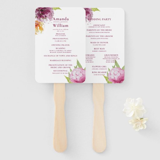 Waterverf Floral Wedding Ceremony Programme Handwaaier (Voorkant en achterkant)