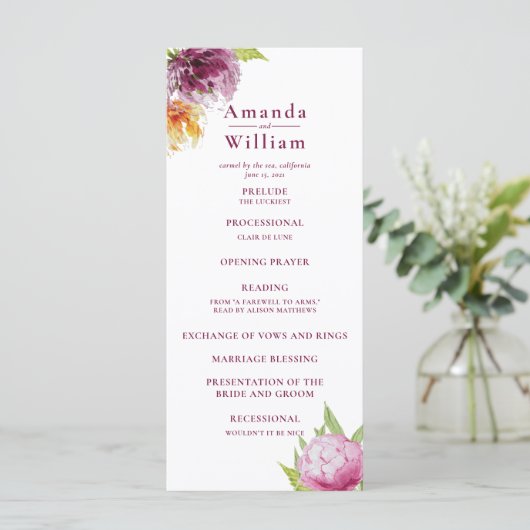 Waterverf Floral Wedding Ceremony Programme Programmakaart (Staand voorkant)