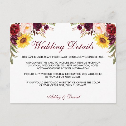 Waterverf Floral Wedding Details Briefkaart (Voorkant)