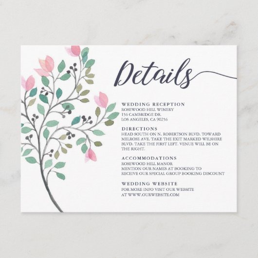 Waterverf Floral Wedding Details Informatiekaartje (Voorkant)