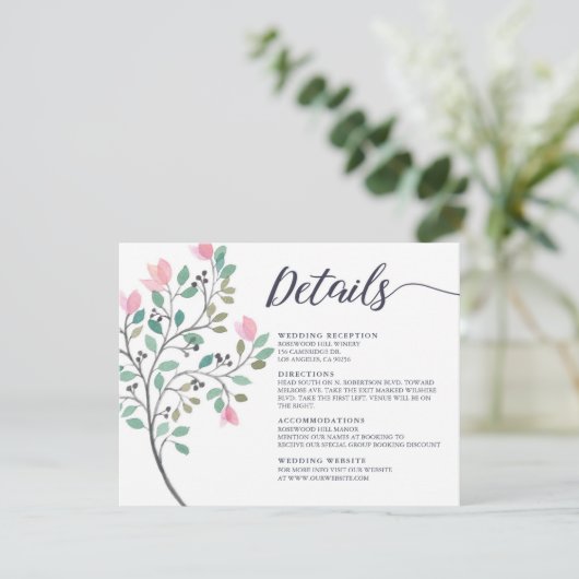 Waterverf Floral Wedding Details Informatiekaartje (Staand voorkant)