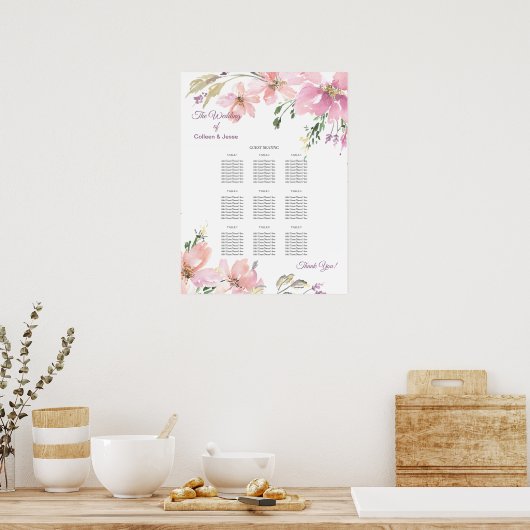 Waterverf Floral Wedding Dinner Seating Chart Poster (Keuken)
