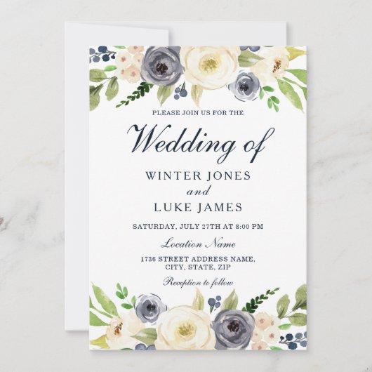 Waterverf Floral Wedding door marineslag en witte  Kaart (Voorkant)