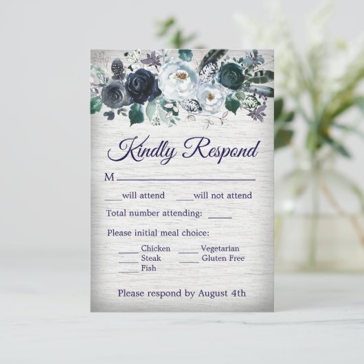 Waterverf Floral Wedding door Navy Blue Boho RSVP Kaartje (Staand voorkant)