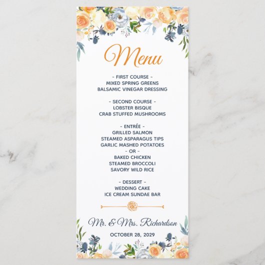 Waterverf Floral Wedding door Navy Blue Coral Menu (Voorkant)