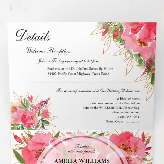 Waterverf Floral Wedding Drieluik Uitnodiging (Binnenzijde eerst)