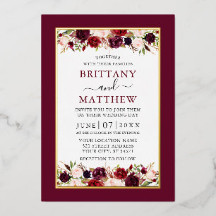 Waterverf Floral Wedding Elegant Burgundy Gold Folie Uitnodiging