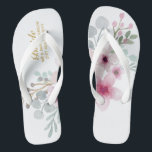 Waterverf Floral Wedding Flipflops BRIDE Boho Teenslippers<br><div class="desc">Voeg de rol van de leden van de Bridal-partij toe,  koppels huwen naam en trouwdatum aan deze elegante zomerbadpflops.</div>