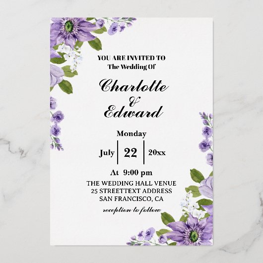 Waterverf Floral Wedding Folie in de zomertuin Folie Uitnodiging (Voorkant)