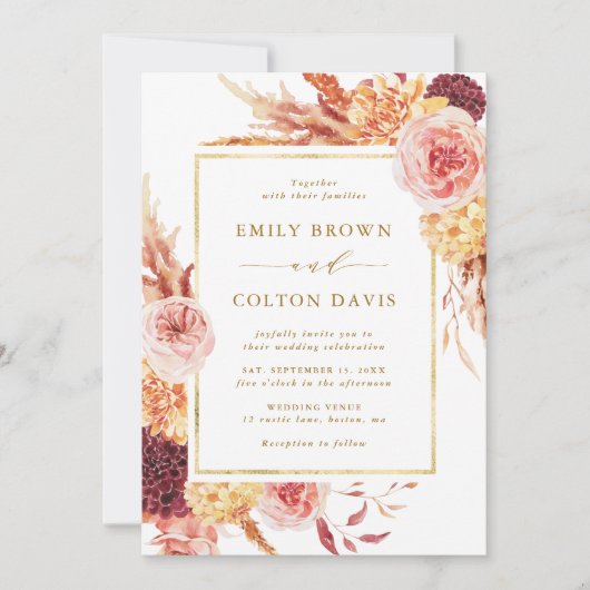 Waterverf Floral Wedding Gold Burgundy Terracotta Kaart (Voorkant)