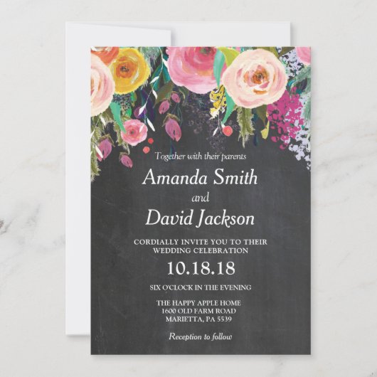 Waterverf Floral Wedding Invitation Chalkboard Kaart (Voorkant)