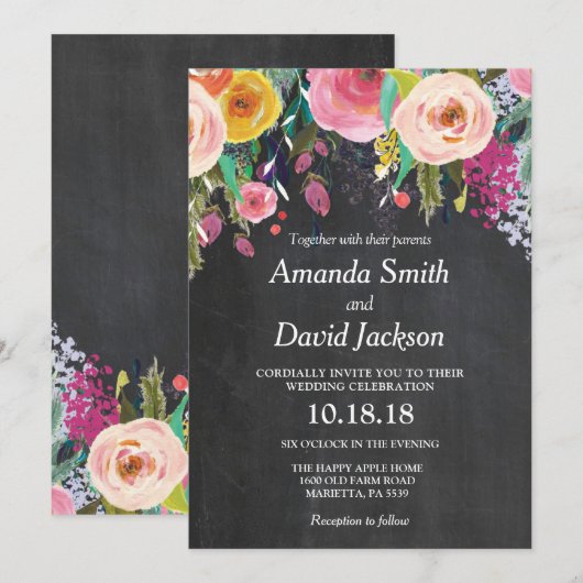 Waterverf Floral Wedding Invitation Chalkboard Kaart (Voorkant / Achterkant)