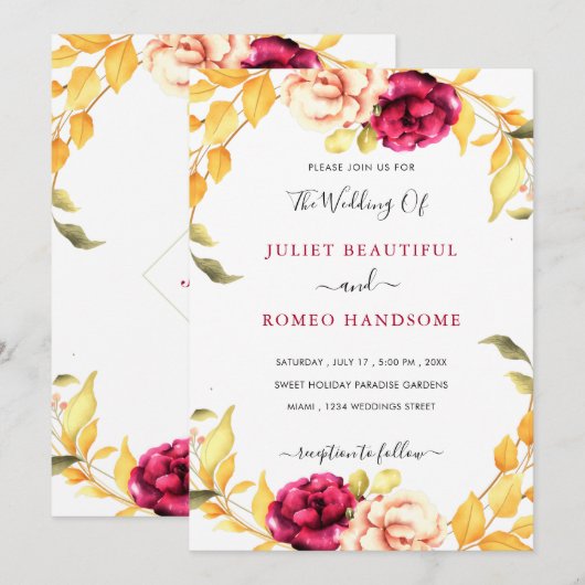 Waterverf Floral Wedding Invitation Kaart (Voorkant / Achterkant)
