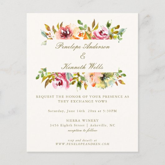 Waterverf Floral Wedding Invite budget Rustige (Voorkant)