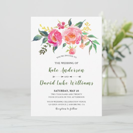 Waterverf Floral Wedding Kaart (Staand voorkant)