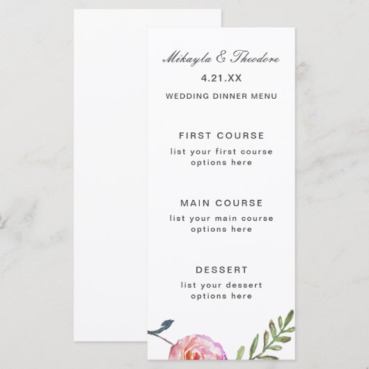 Waterverf Floral Wedding Menu Card (Voorkant / Achterkant)