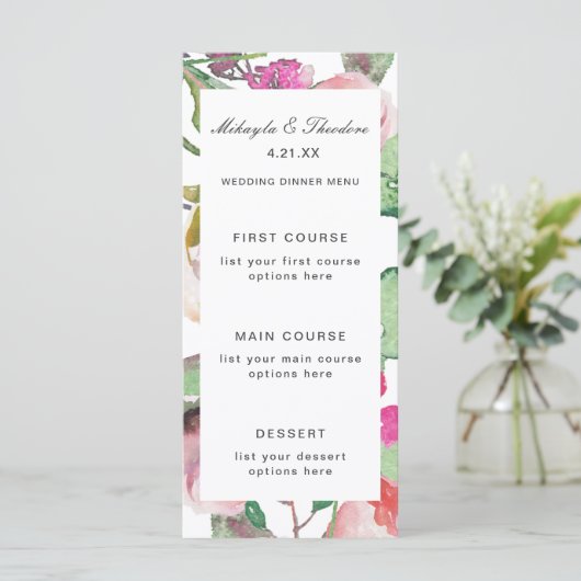 Waterverf Floral Wedding Menu Card (Staand voorkant)