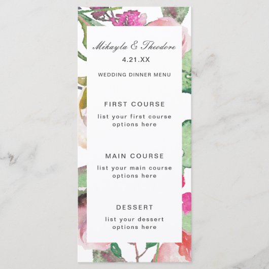 Waterverf Floral Wedding Menu Card (Voorkant)