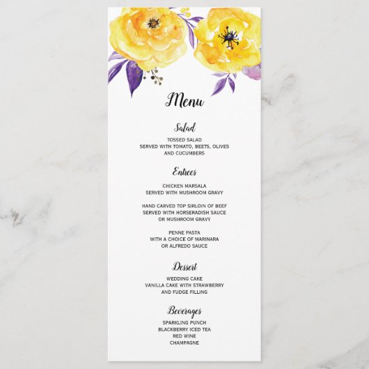 Waterverf Floral Wedding Menu Card (Voorkant)
