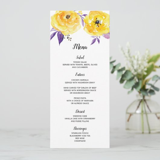 Waterverf Floral Wedding Menu Card (Staand voorkant)