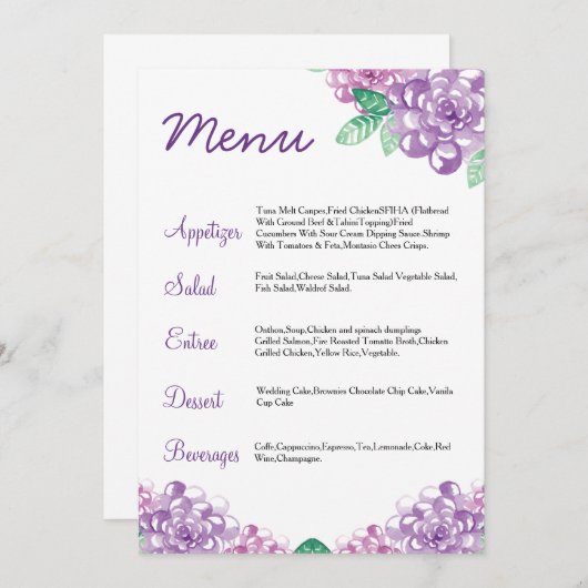 Waterverf Floral Wedding Menu Card (Voorkant / Achterkant)
