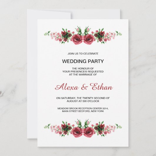 Waterverf Floral Wedding Party-uitnodigkaart Kaart (Voorkant)