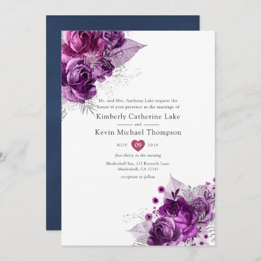 Waterverf Floral Wedding Plum en Navy Kaart (Voorkant / Achterkant)