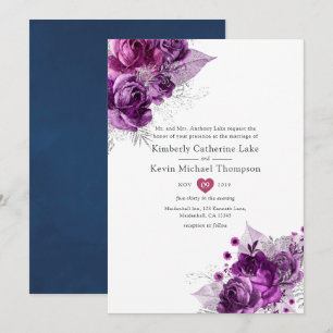 Waterverf Floral Wedding Plum en Navy Kaart