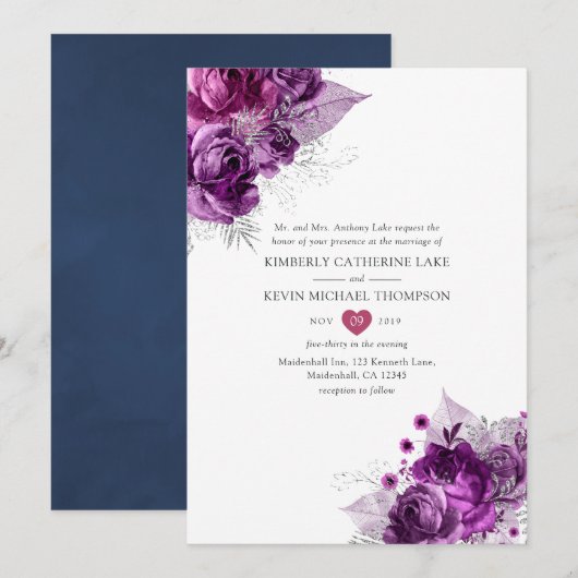 Waterverf Floral Wedding Plum en Navy Kaart (Voorkant / Achterkant)