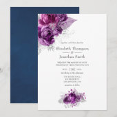 Waterverf Floral Wedding Plum en Navy Kaart (Voorkant / Achterkant)