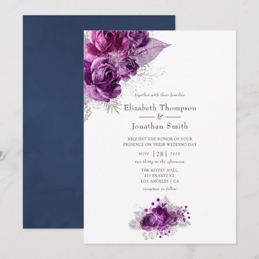 Waterverf Floral Wedding Plum en Navy Kaart (Voorkant / Achterkant)