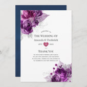 Waterverf Floral Wedding Plum en Navy Programmakaart (Voorkant / Achterkant)