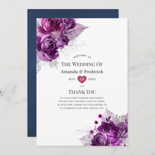 Waterverf Floral Wedding Plum en Navy Programmakaart (Voorkant / Achterkant)