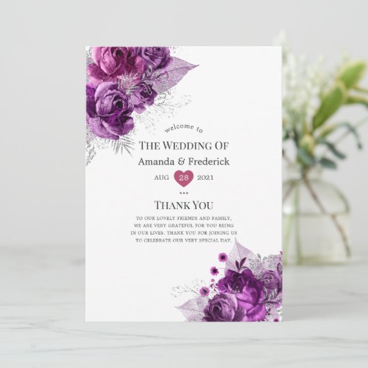 Waterverf Floral Wedding Plum en Navy Programmakaart (Staand voorkant)