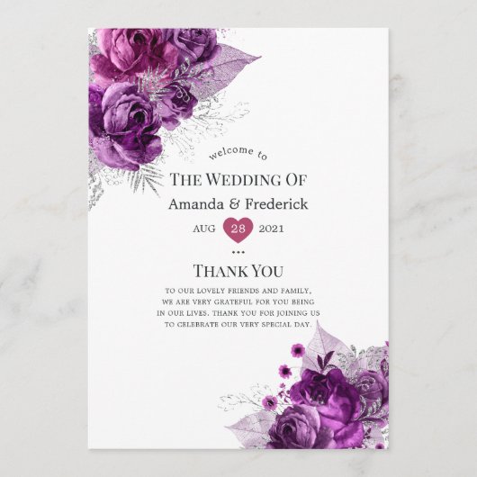 Waterverf Floral Wedding Plum en Navy Programmakaart (Voorkant)