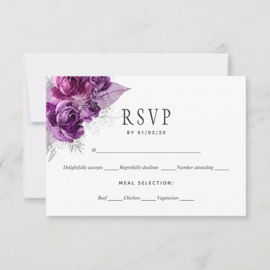 Waterverf Floral Wedding Plum en Navy RSVP Kaartje (Voorkant)