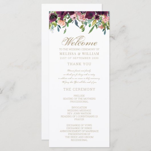 Waterverf Floral Wedding Programmakaart (Voorkant / Achterkant)