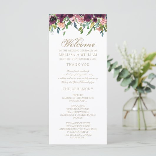 Waterverf Floral Wedding Programmakaart (Staand voorkant)