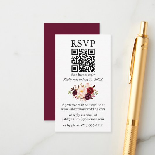 Waterverf Floral Wedding QR Burgundy RSVP Informatiekaartje (Voorkant / Achterkant in situ)