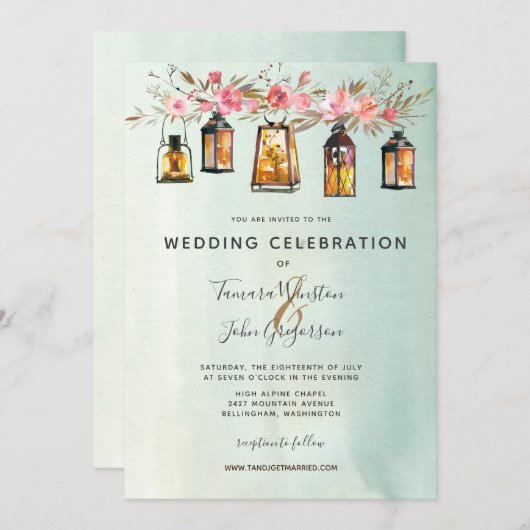 Waterverf Floral Wedding Rustic Chic Lantern Kaart (Voorkant / Achterkant)