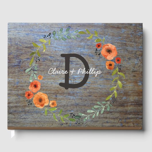 Waterverf Floral Wedding | Rustic Wood-monogram Gastenboek (Voorkant)